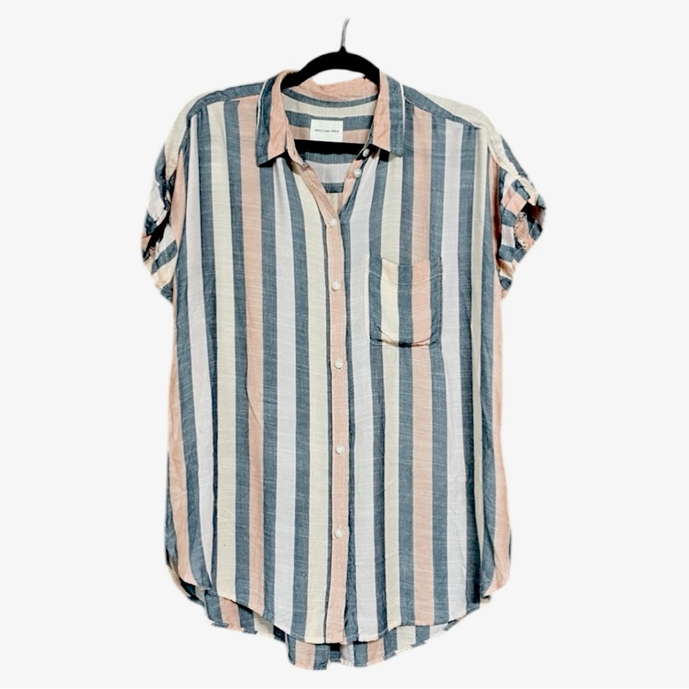 American Eagle Outfitters Oversized Striped Short Sleeve Button Up Top